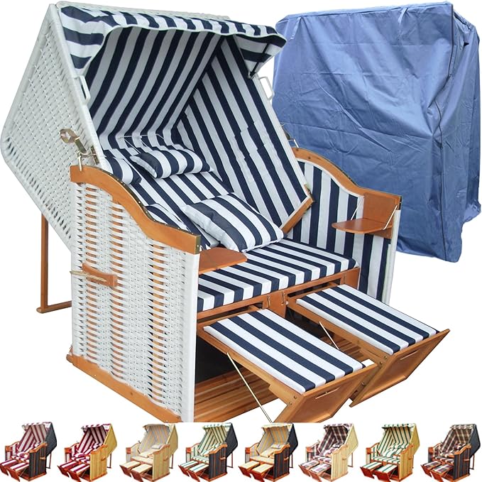 Strandkorb XXL für Balkon blau gestreift inkl. Luxus Strandkorb Schutzhülle - blau gestreift mit weißem Polyrattan und braune