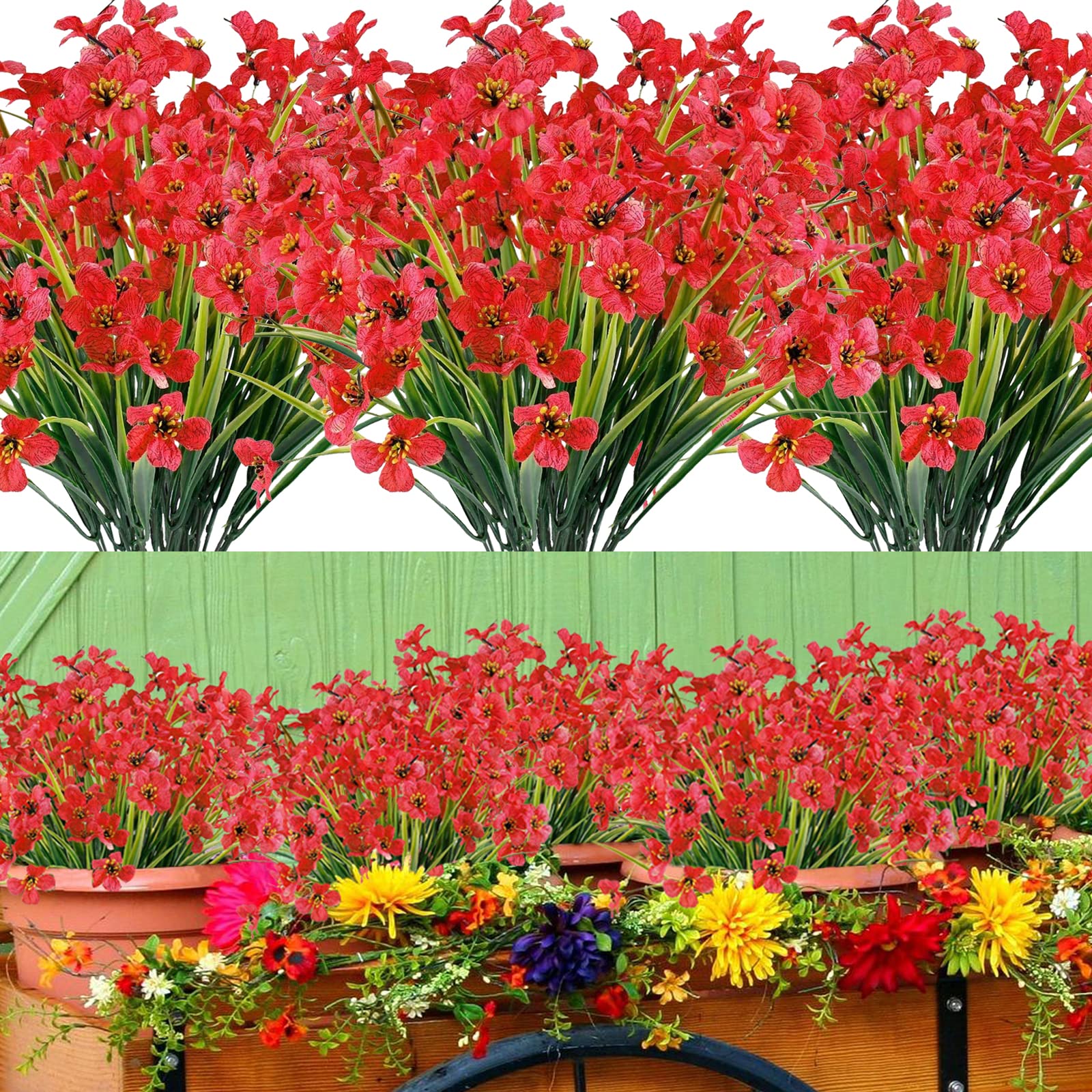 12 Bundles Artificial Fake Flowers UV Resistant Artificial Flowers Outdoor Plants Plastic Faux Flowers Indoor Outside Hanging Planter Artificial Violet Flowers for Home Garden Window Box Decor (Red)