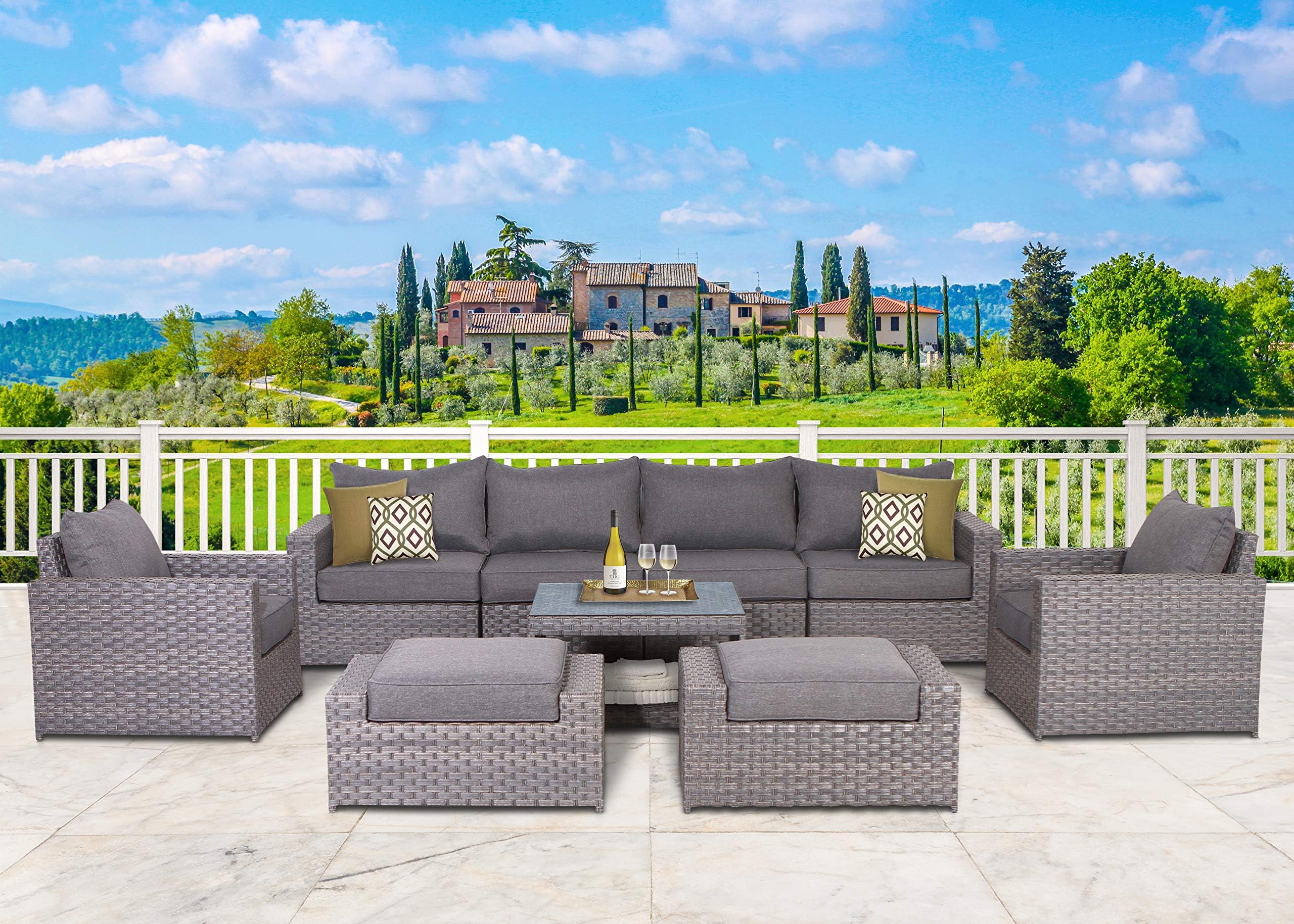 SunHaven Resin Wicker Outdoor Patio Furniture Set - 9 Piece Conversation Sectional Premium All Weather Gray Rattan Wicker, Aluminum Frame with Deluxe Fade Resistant Olefin Cushions (9 Piece Cromwell)