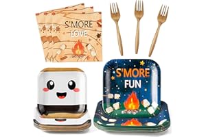 G1ngtar 96Pcs S’Mores Camping Party Plates Supplies - S’More Love Fun Party Tableware Decorations Campfire Disposable Paper Plates Napkin Fork for Kid Camper Christmas Birthday Baby Shower, Serves 24