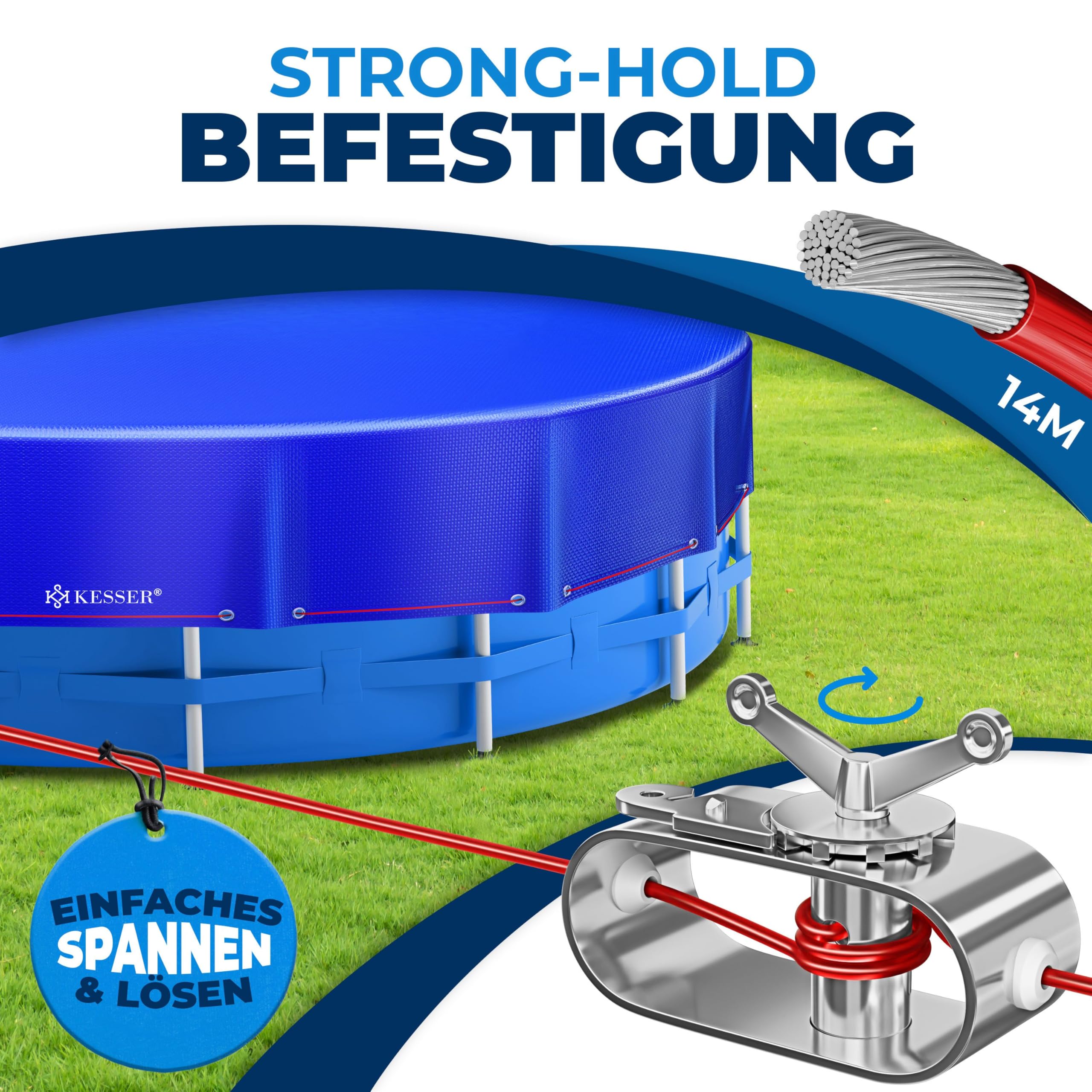 KESSER® Solar Poolabdeckung Pool Abdeckplane Rund Ø305cm Poolplane 200g/m² PE Material Inkl. Stahlseil + Seilspanner mit Ösen Solarplane Abdeckung UV-resistent, Wetterfest für Sommer & Winter 5