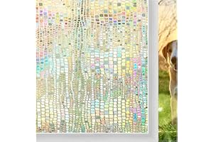 Windimiley Window Privacy Film Rainbow: 3D Stained Glass Window Clings Holographic Prism Bathroom Decorative Stickers Home Window Tint Sun Blocking Static Cling Door Covering (17.5 x 78.7 in, Pure)