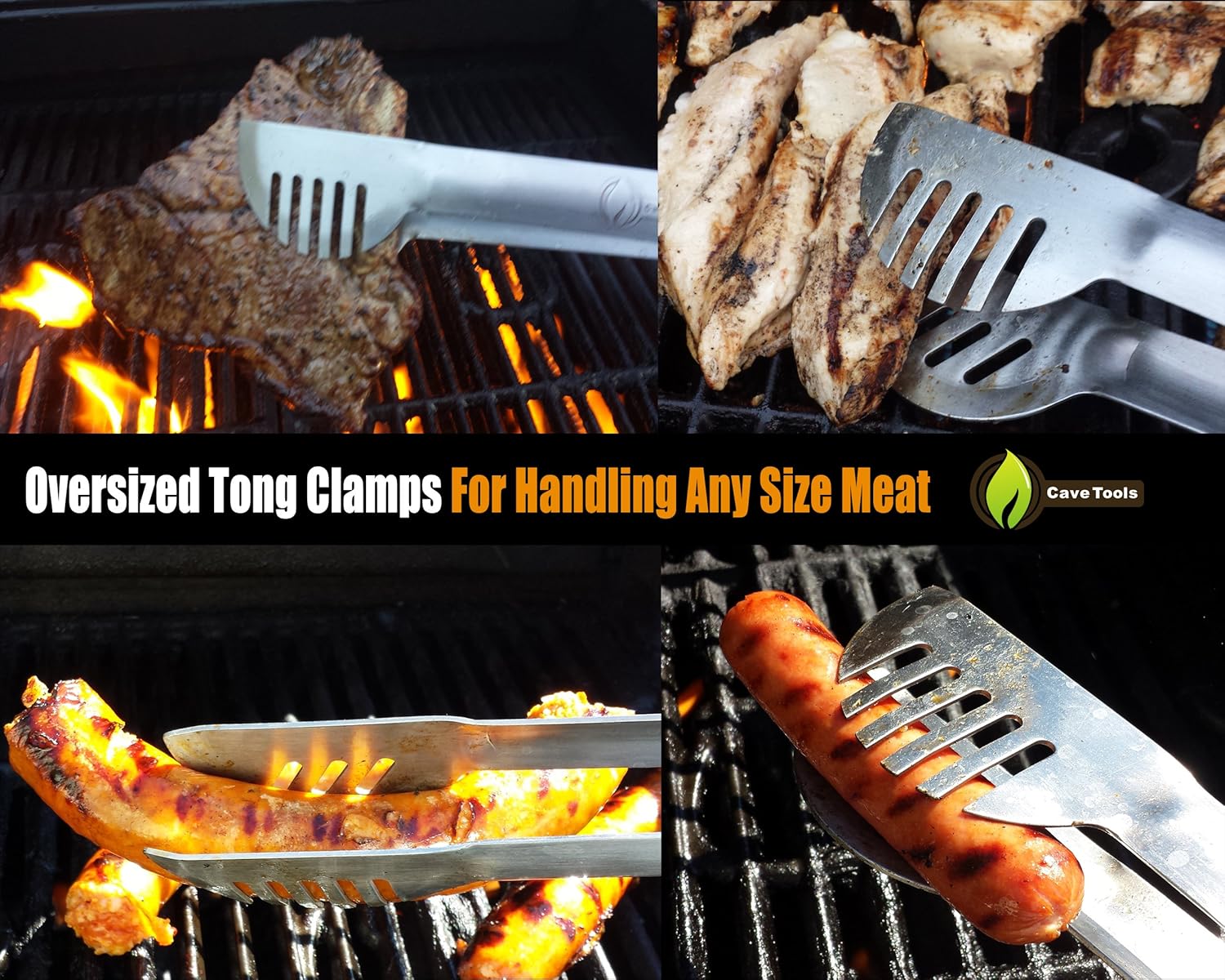 Grill Tongs - 20% Thicker Stainless Steel Won't Bend - Dishwasher Safe 17" Long Handle Protects from BBQ Heat - Locking Bracket For Easy Storage - Cooking in Kitchen or on Weber Barbecue - Cave Tools: Kitchen & Dining