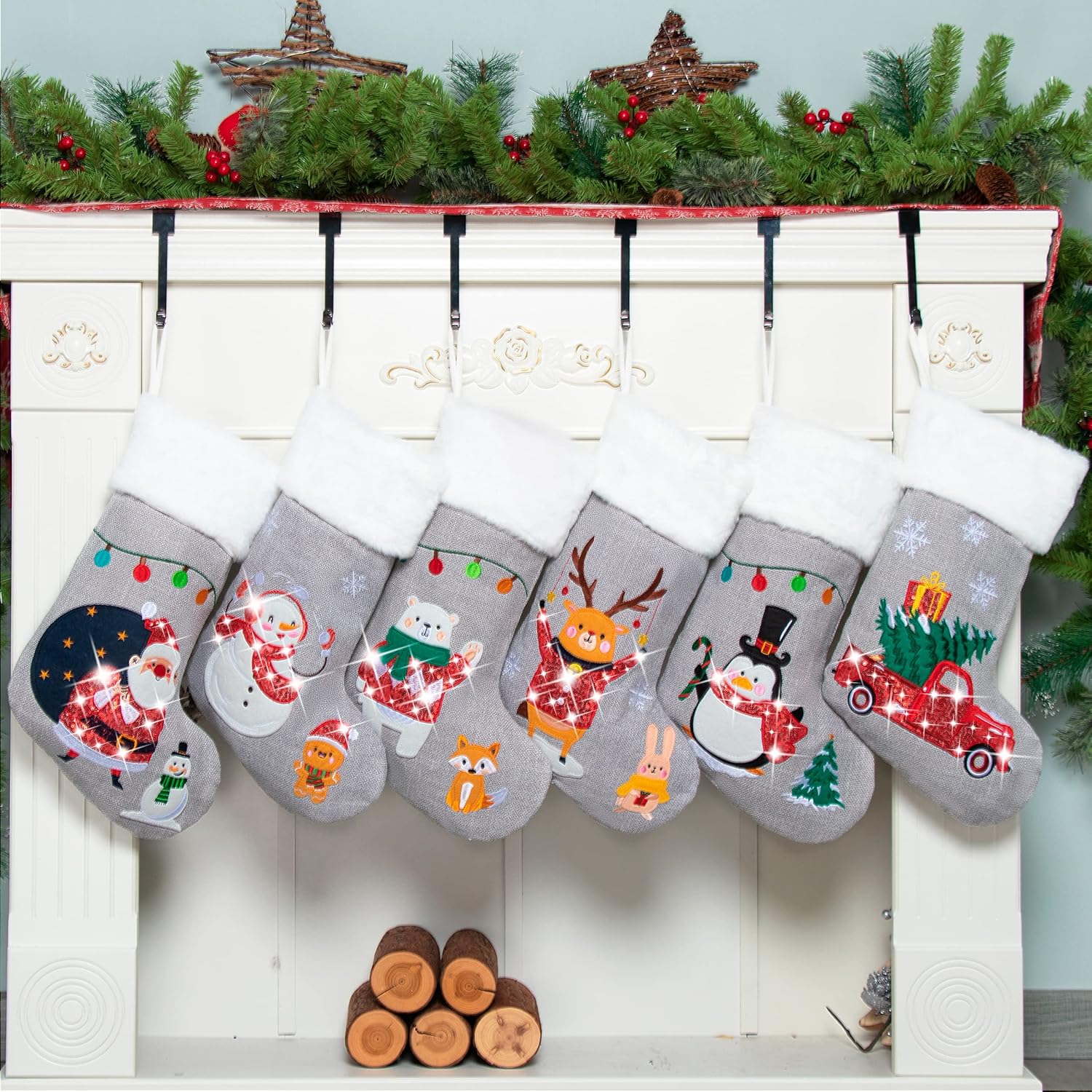 Stockings & Holders - BHD BEAUTY 2022 New Gray Burlap Sequins Non-Woven Fleece Fabric Lovely Embroidery Pattern Set of 6 Christmas Stocking for Family Decorations Hanging Ornament for Xmas Holiday Party 20 inches