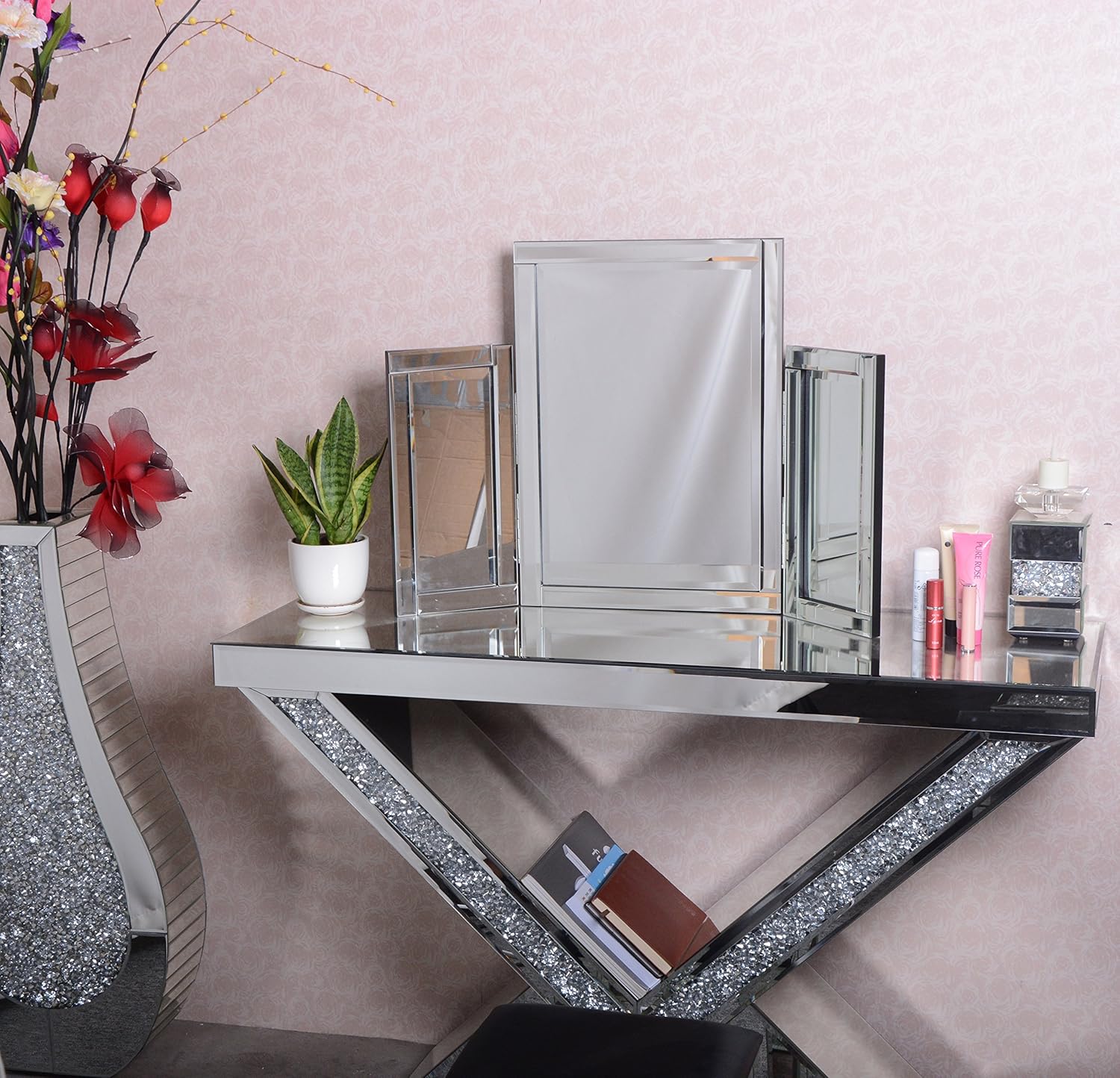 Solid Trifold Vanity Mirror Hinged 3 Side Beveled Mirrored Edges Hangable on Wall or Tabletop