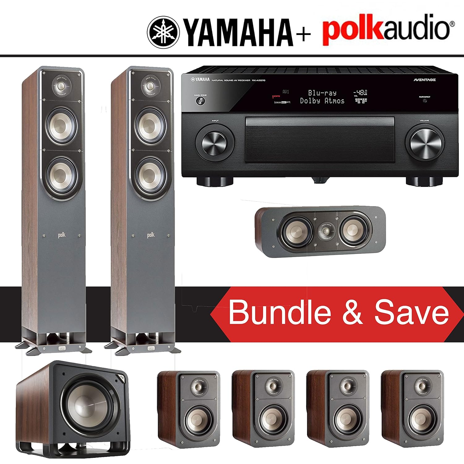 Yamaha AVENTAGE RX-A2070BL 9.2-Ch 4K Network AV Receiver + Polk Audio S50 + Polk Audio S15 + Polk Audio S30 + Polk Audio HTS12 - 7.1-Ch Home Theater Package (Brown Walnut)