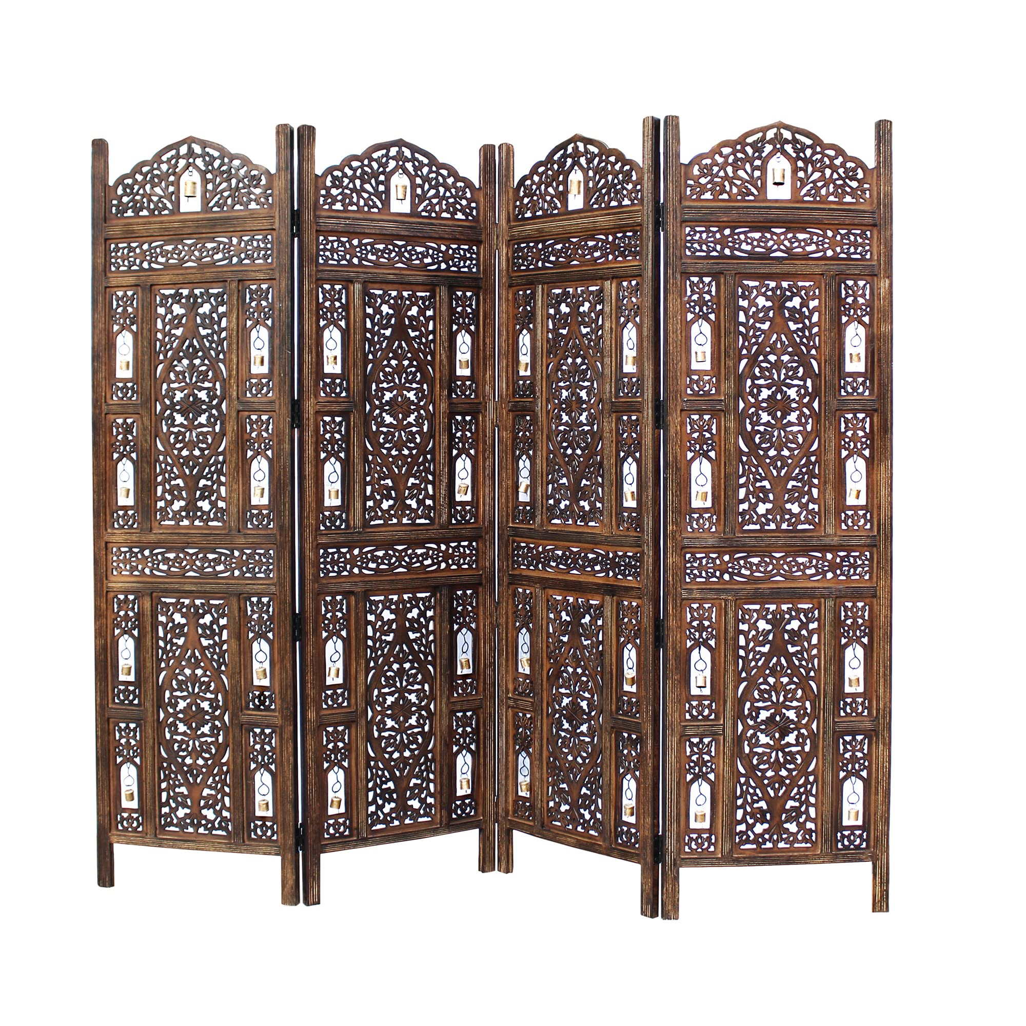 Photo 1 of ****MISSING SOME OF THE BELLS, MINOR SCRATCHES**** Room Divider Wood Screen - Ghanti Bells Antique Brown - 4 Panel Folding 72 x 80 - Assembled Hand Carved Decorative Functional Versatile Portable Partition Reversible Privacy Boho - COTTON CRAFT