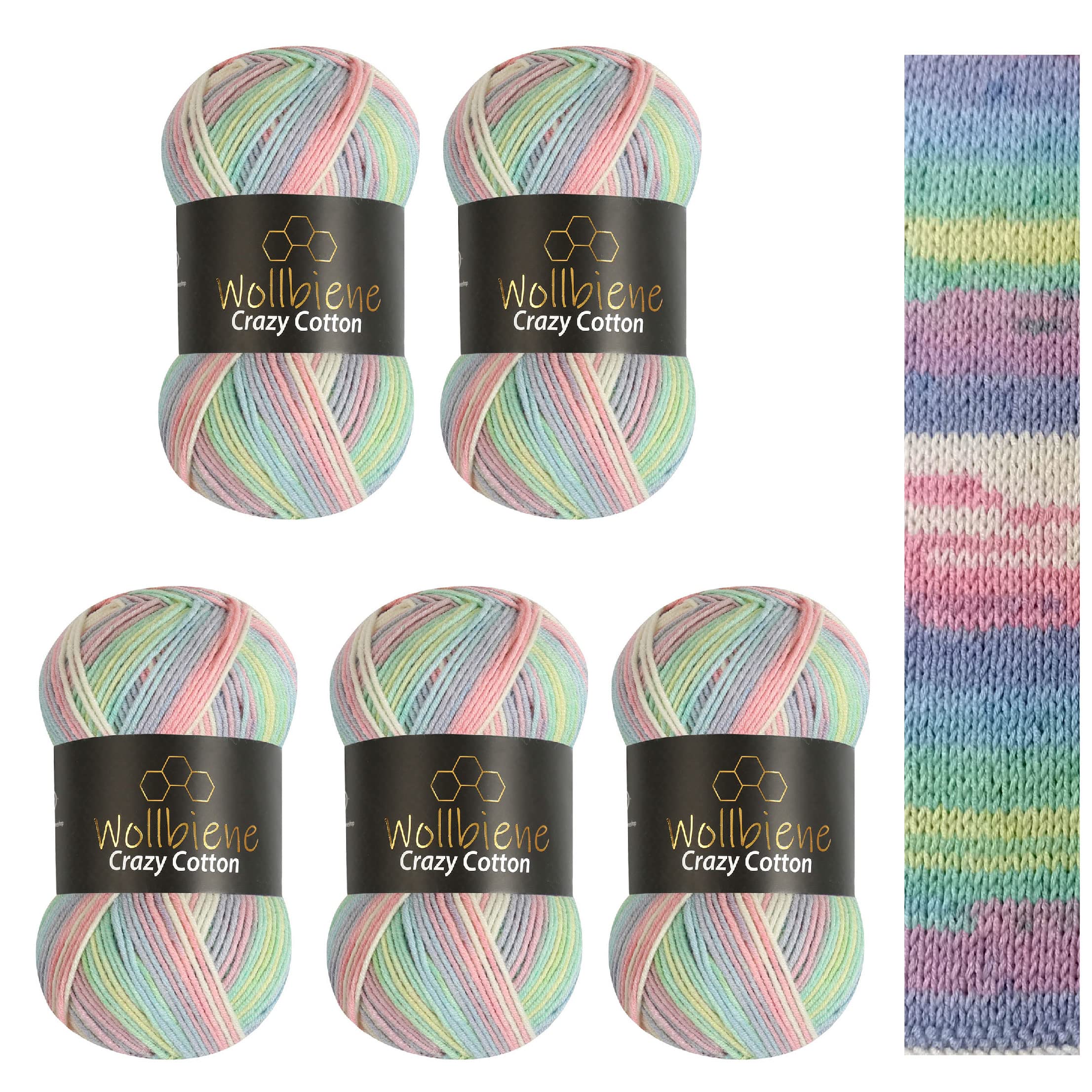 5 x 100 g Wollbiene Crazy Cotton Batik, 500 g with Colour Gradient, 55% Cotton, Multicoloured Knitting Wool, Crochet Wool, Wool, All-Year Wool (2010 Green, Pink, White, Pastel)