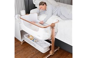 KoolerThings Baby Bassinet, Bedside Sleeper for Baby, Easy Folding Portable Crib with Storage Basket for Newborn, Bedside Bassinet, Comfy Mattress/Travel Bag Included (White and Gold)