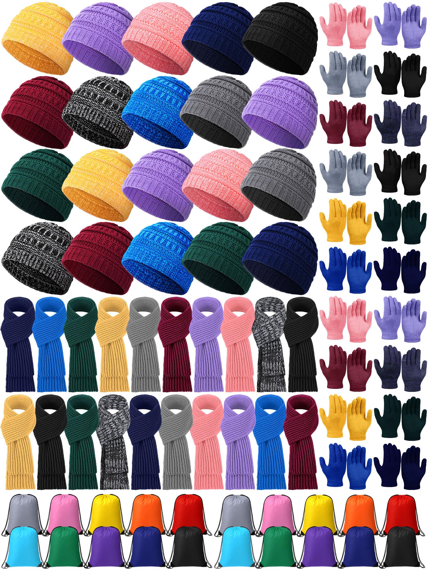 Photo 1 of Shyyween 80 Pcs Kids Winter Hat Gloves Scarf Set with Colorful Drawstring Bag, Knit Toddler Beanie Cap, Warm Gloves, Neck Warmer for 5-10 Years Old Girls and Boys Children