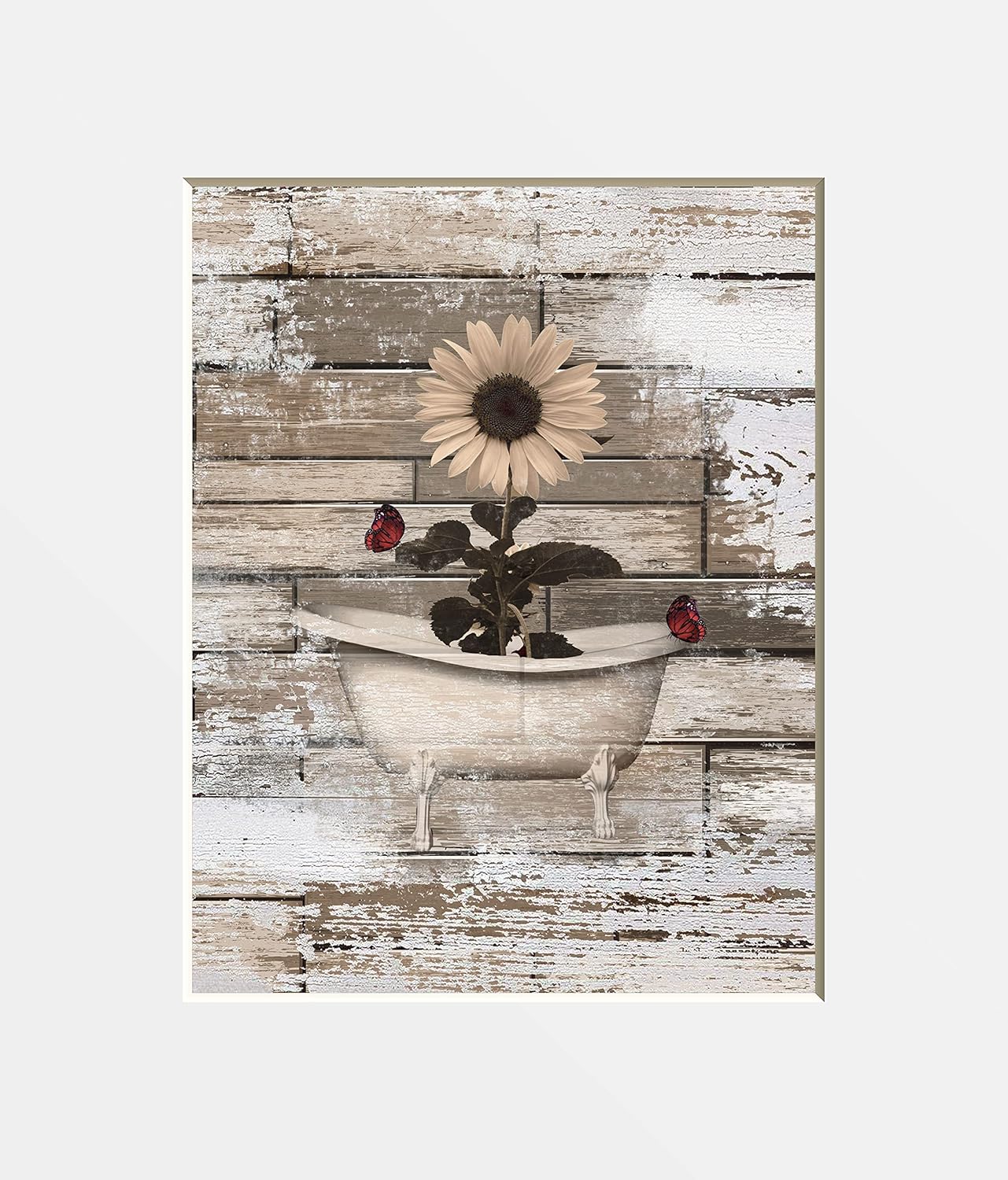 Photographs - Bathroom Home Decor Brown Red Rustic Sunflower Butterflies 8x10 Photo with 11x14 Mat Rustic Farmhouse Wall Art