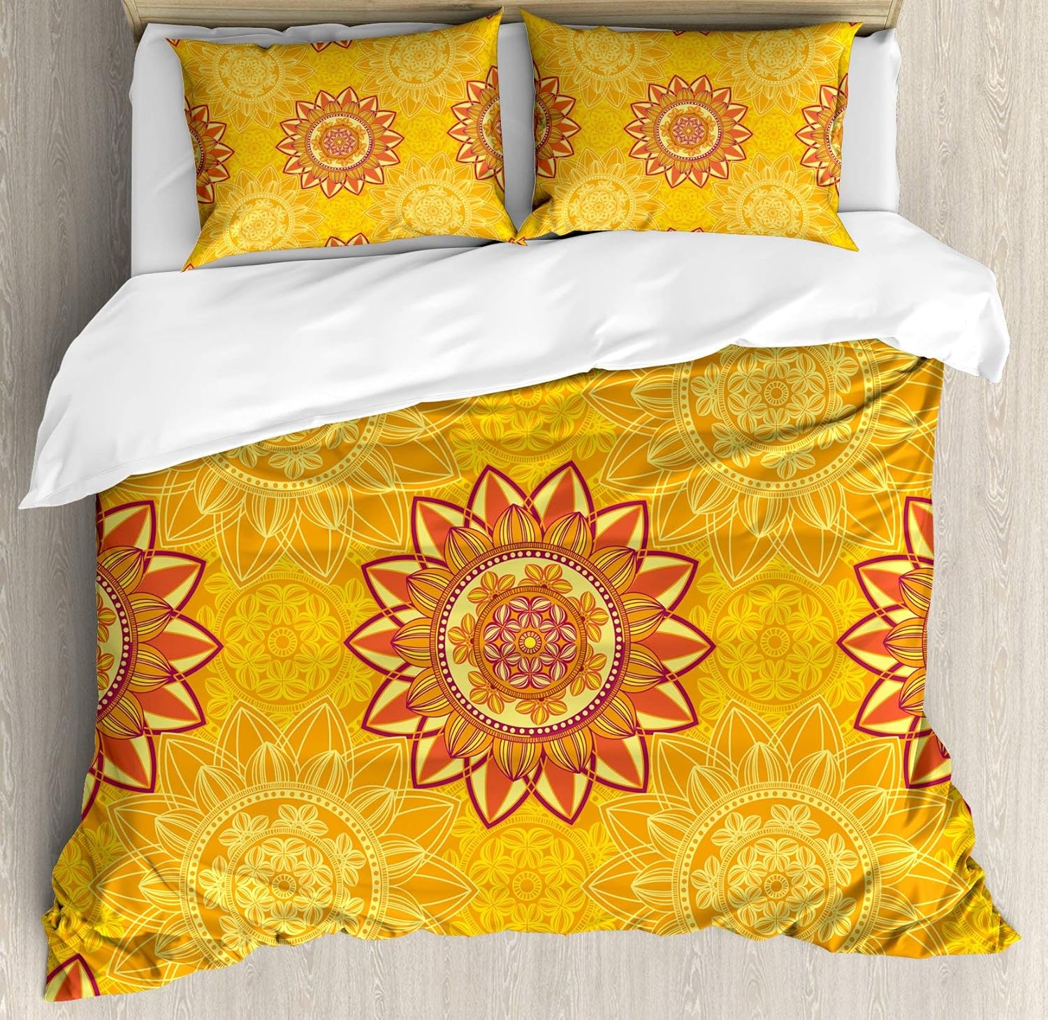 Lplpol Yellow Mandala Duvet Cover Set, Vintage Floral Circles Eastern