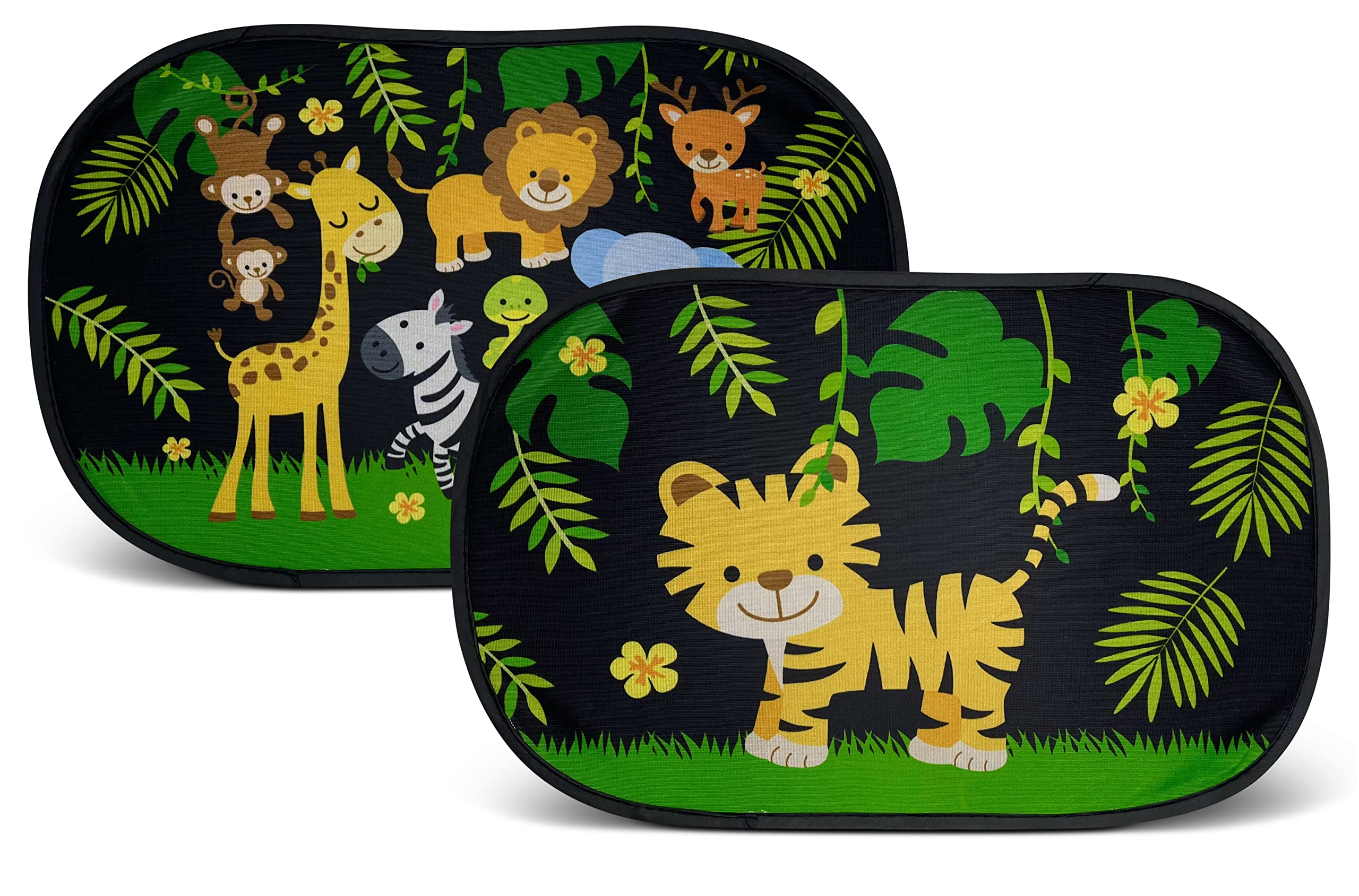 HECKBO 2x car sun visor with 8 suction cups - Jungle animals 48x31cm - car window side sunshade car sun visor side for baby kids girls boys incl. Bag