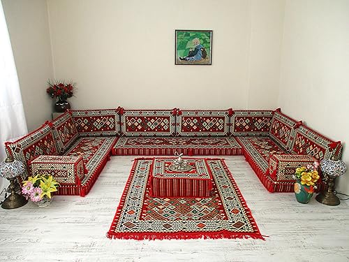 U-Shaped Arabic Majlis Floor Seating Set with Cushions Ethnic Design  Bohemian Style Ideal for Family Gatherings and Stylish Home Decor in Kuwait 
