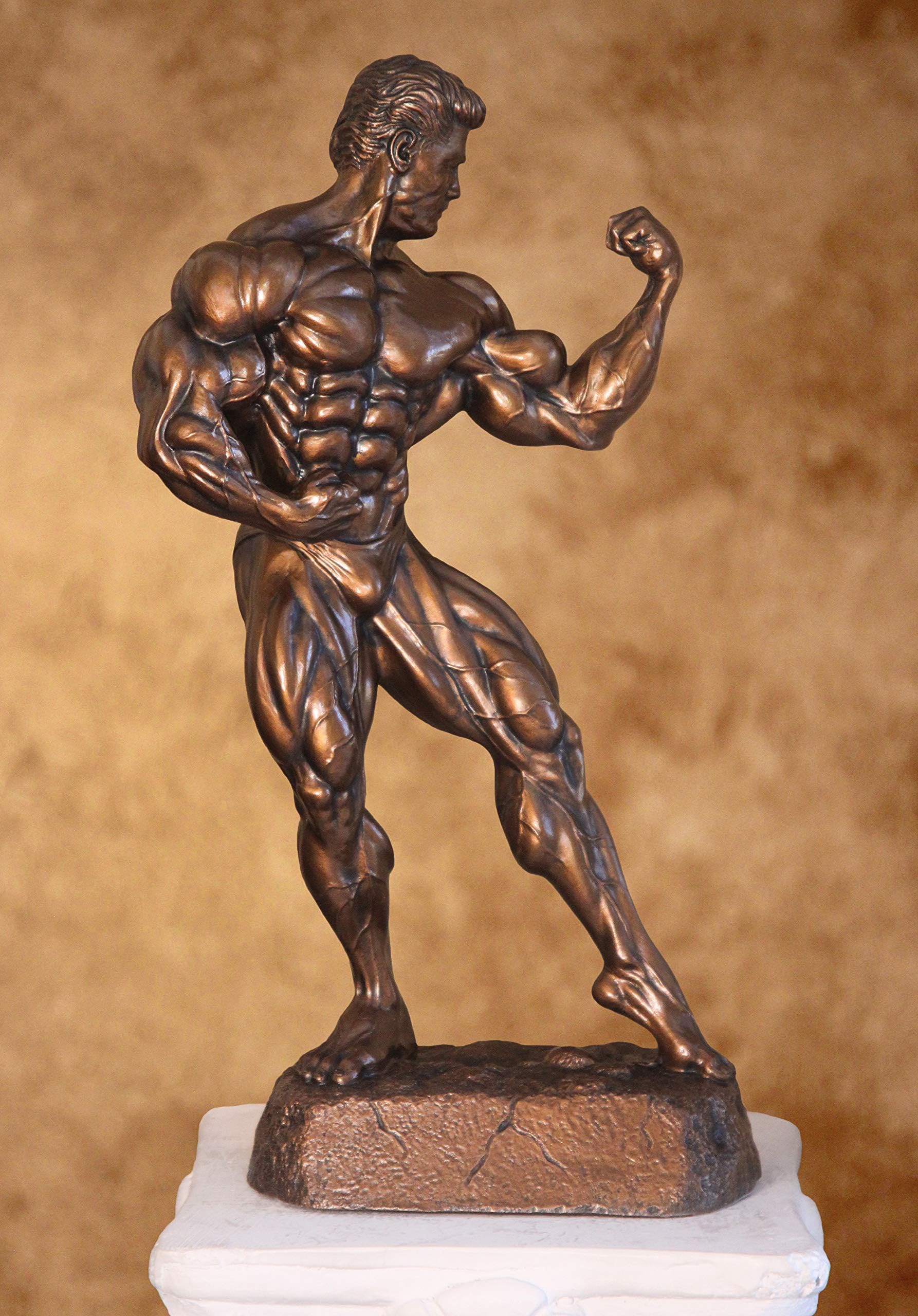 Male Bodybuilding Twisting Single Bicep Pose Resin Sculpture - Bodybuilding Trophy (Approx. 16.5" Tall, Gallery Bronze Finish)