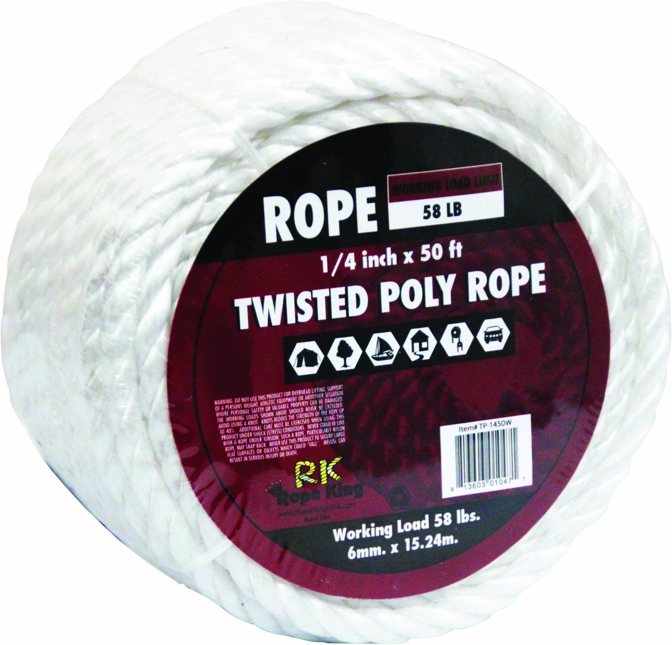 Rope King TP1450W Twisted Poly Rope White 1/4 inch x 50 feet
