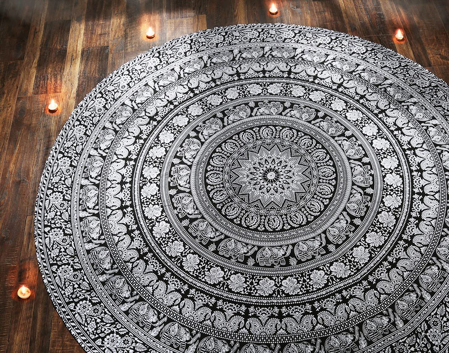 Round Beach Towel Boho Throw Hippie Tapestry Cotton Table Cloth Meditation Yoga Mat Rugs by Raajsee (Black White Elephant)