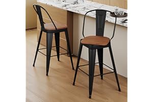 Aklaus Swivel Metal Bar Stools 26 inch Swivel Counter Height Barstools Set of 2 Modern Farmhouse Bar Chairs with High Backs and Large Wooden Seat for Kitchen Island Dining Room Matte Black