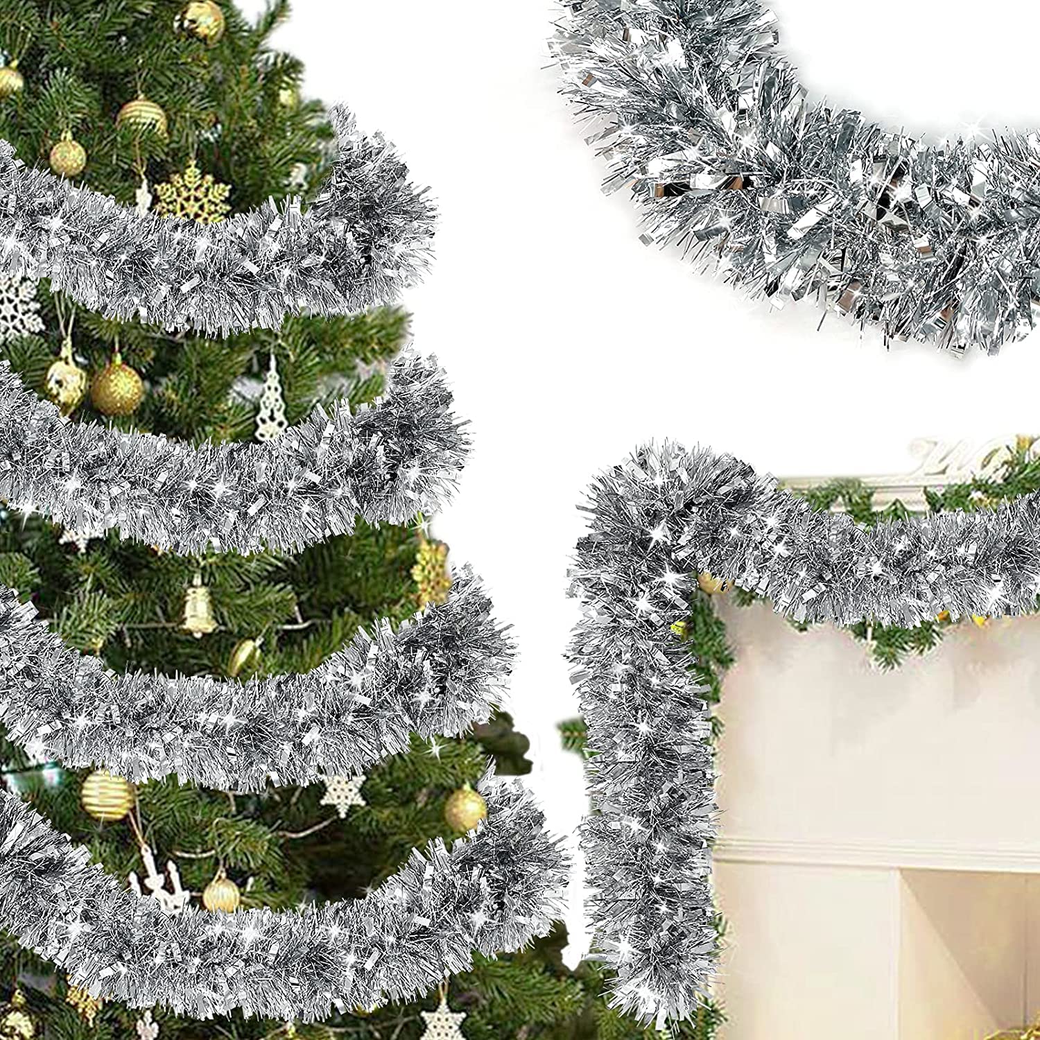 ZKTYQUIHE 4 Pack Total 28 Ft Tinsel Garlands Christmas Tree Decorations, Thick Thin Metallic Streamers Xmas Garland Holiday Christmas Decorations Home Indoor Outdoor Party Supplies,Silver
