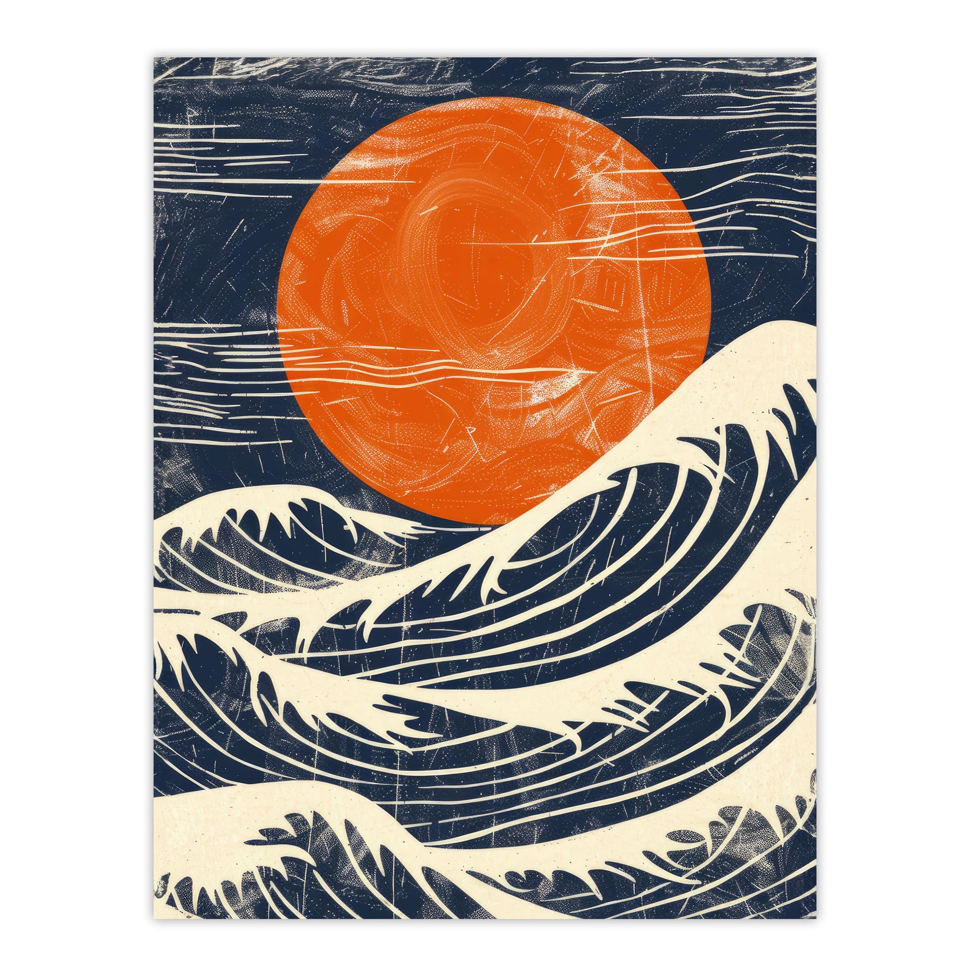 Artery8 Sun and Waves Japanese Style Orange Blue Seascape Living Room Bathroom Extra Large XL Wall Art Poster Print