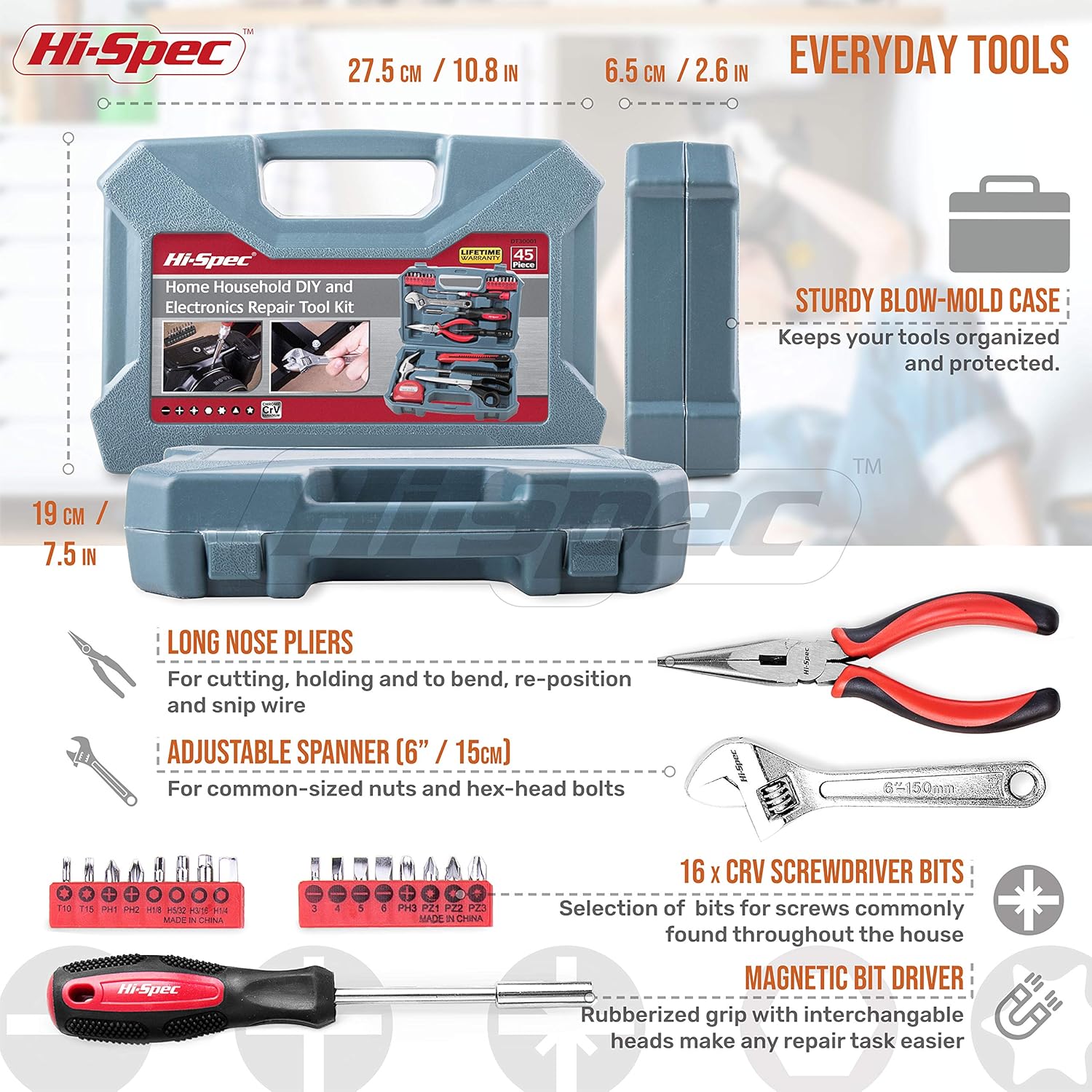 Hi-Spec 45 Piece Household DIY Hand Tool Kit Set. Everyday Repairs at Home & The Office with Practical Tools & Precision Screwdriver Bits. All in a Carry Case - - 