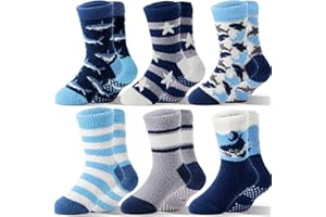SAVALOS Boys Kids Toddlers Fuzzy Grips Socks Non Slip Cozy Fluffy Warm Winter Crew Cabin Fun Slipper Socks 6 Pairs