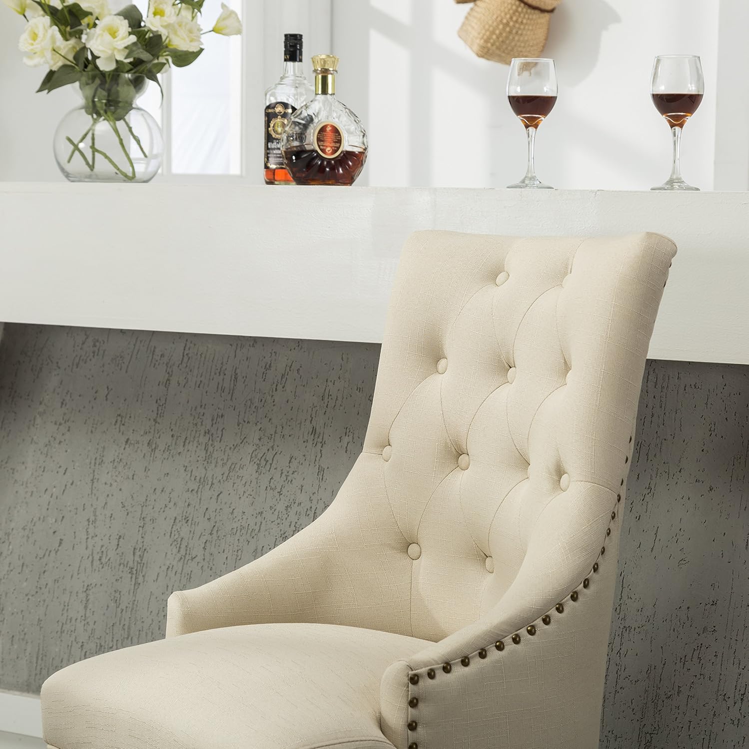 Roundhill Furniture Button Tufted Solid Wood Wingback Hostess Chairs with Nail Heads, Set of 2, Tan - Chairs
