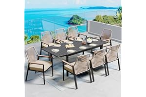 SUNSHINE VALLEY 9 Pieces Patio Dining Set, 8 x Woven Rattan Chairs with Waterproof Cushion, 84" Extendable Rectangular Dining Table, Outdoor Table and Chairs Set for Backyard Lawn and Deck, Beige