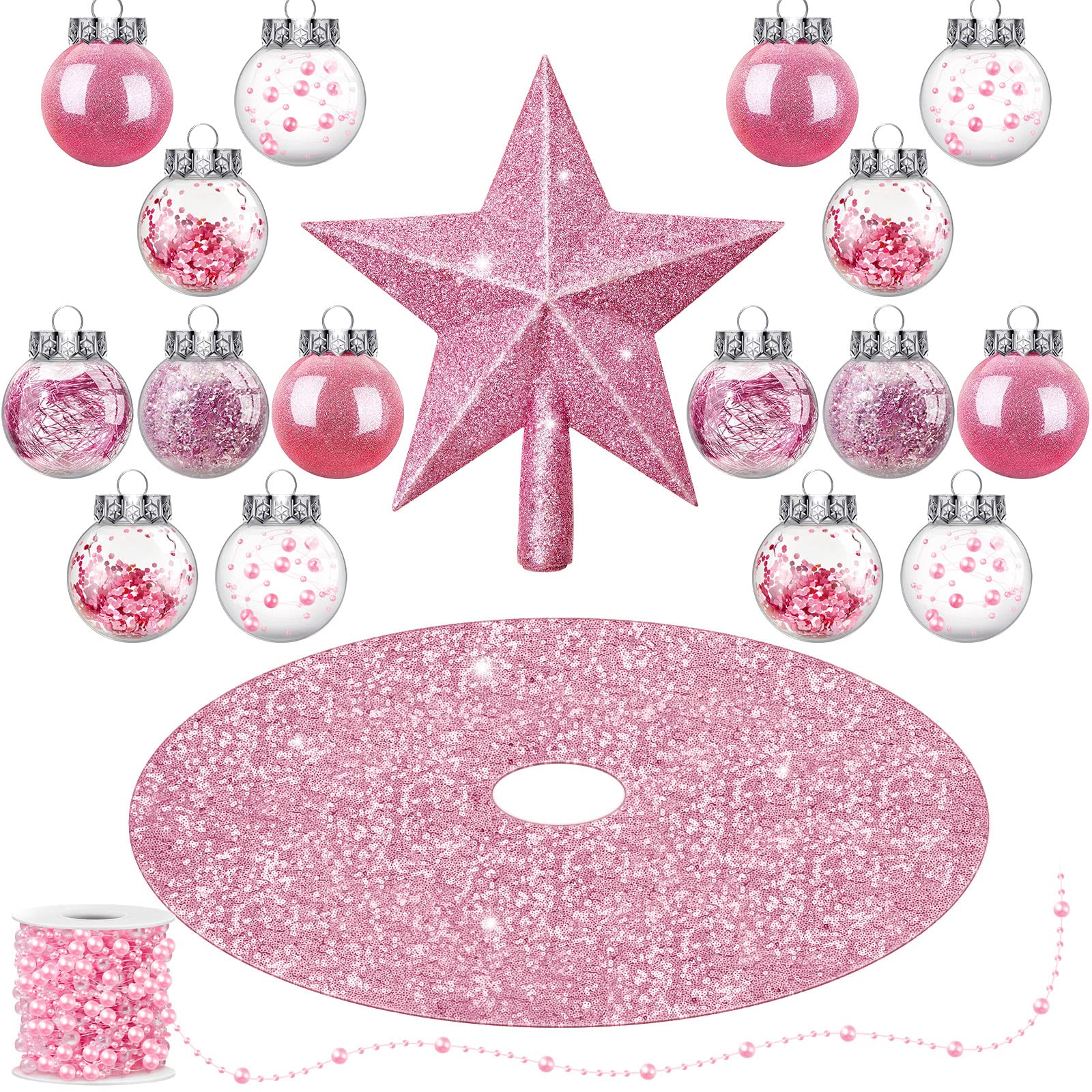 33 Pcs Pink Christmas Tree Decorations Set Sequin Christmas Tree Skirt Christmas Glitter Tree Topper Hanging Christmas Ball Ornaments Christmas Bead Chain Garlands for Wedding Xmas Party Decor