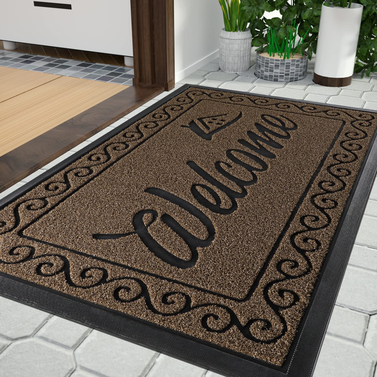 Yimobra welcome door mat, Heavy Duty Sturdy Front Mats for Home Entrance Outdoor Indoor,Non Slip Backing, Exterior Mats for Outside Patio Porch Farmhouse, 92 x 61 cm, Coffee