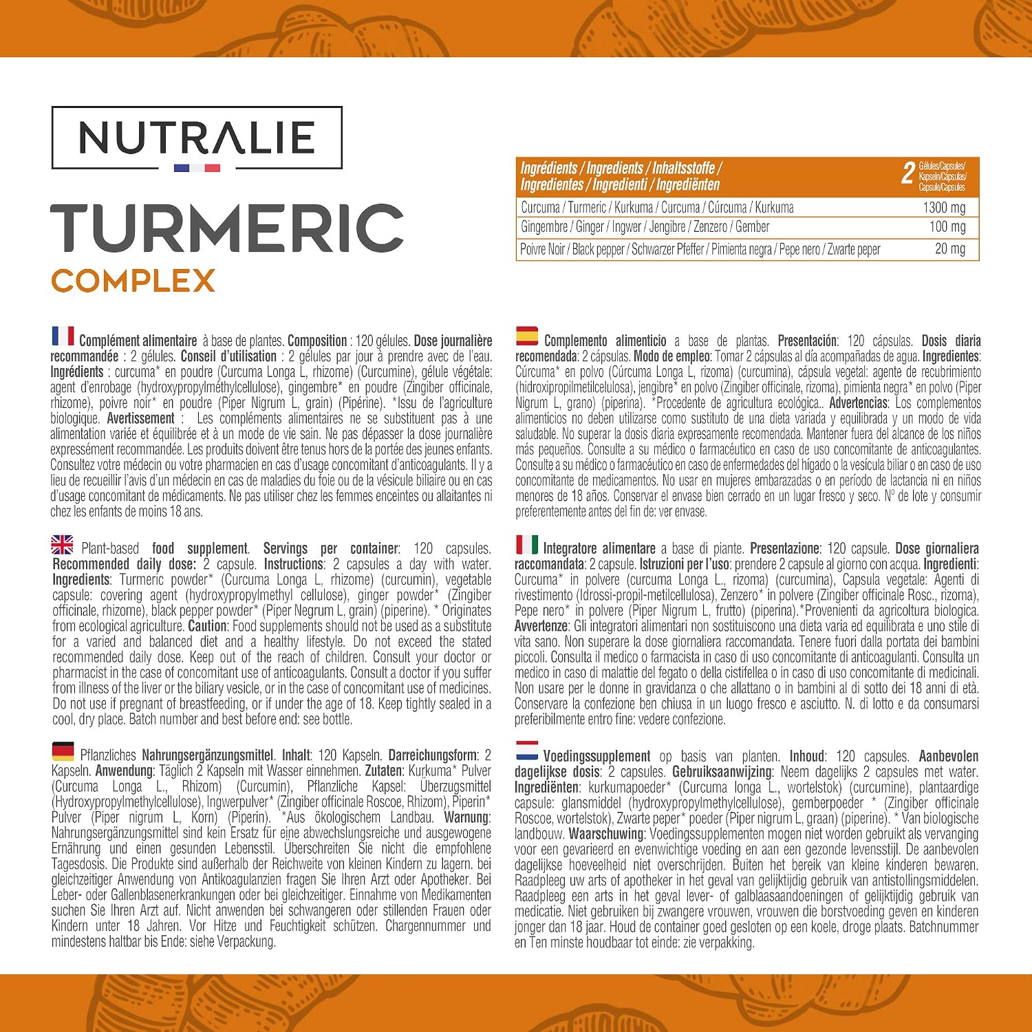 Turmeric & Black Pepper + Ginger Curcumin - 1420mg - Organic Turmeric Curcumin Ginger - 120 Capsules Nutralie - Image 3
