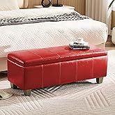 WUTUTUEE 41" Faux Leather Storage Ottoman, Stitch Tufted Rectangle Upholstered End of Bed Storage Bench, Entryway Large Couch Ottoman with Wooden Legs,Red