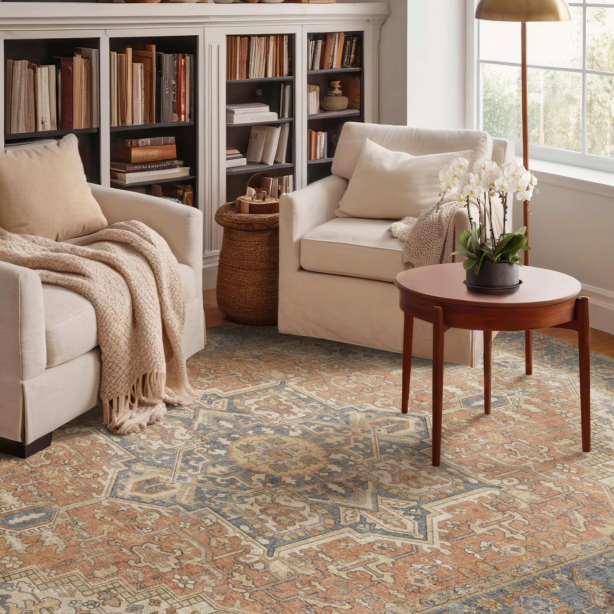 Photo 1 of Kokia 5x7 Washable Area Rugs Terracotta with Vintage Orient Design, Soft Rug for Living Room or Bedroom, Non-Slip Low Pile Stain Resistance Features, Distressed Medallion Pattern
