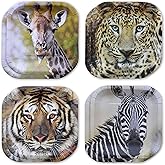 Havercamp Jungle Safari Paper Party Plates (16 pcs)! 16-7in. Square, Dessert Plates in Authentic, Life-Like Jungle Animal Faces! 4 ea. Leopards-Tigers-Giraffes-Zebras