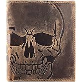F&L CLASSIC RFID Blocking Mens Leather Bi-Fold Big Hipster Wallet, brown with skull,186-20