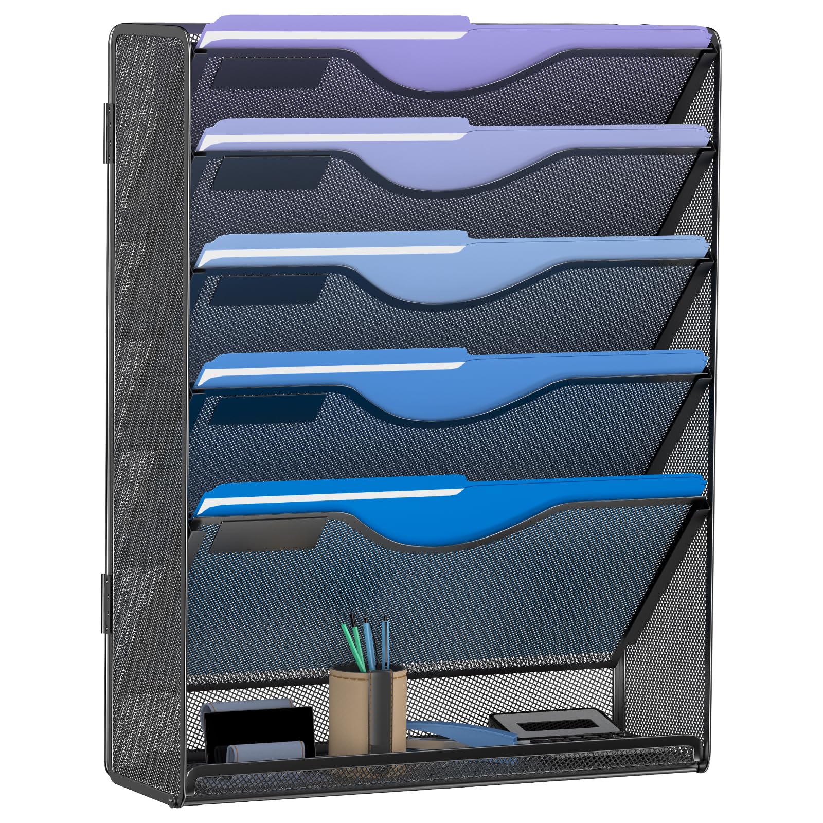 Photo 1 of Gawerk 6 Tier Hanging File Organizer, Mesh Wall File Holder Paper Folder Rack with Bottom Flat Tray for Office Home, Black