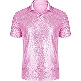 URRU Men's Relaxed Short Sleeve Turndown Sparkle Sequins Polo Shirts 70s Disco Nightclub Party Shirt Tops