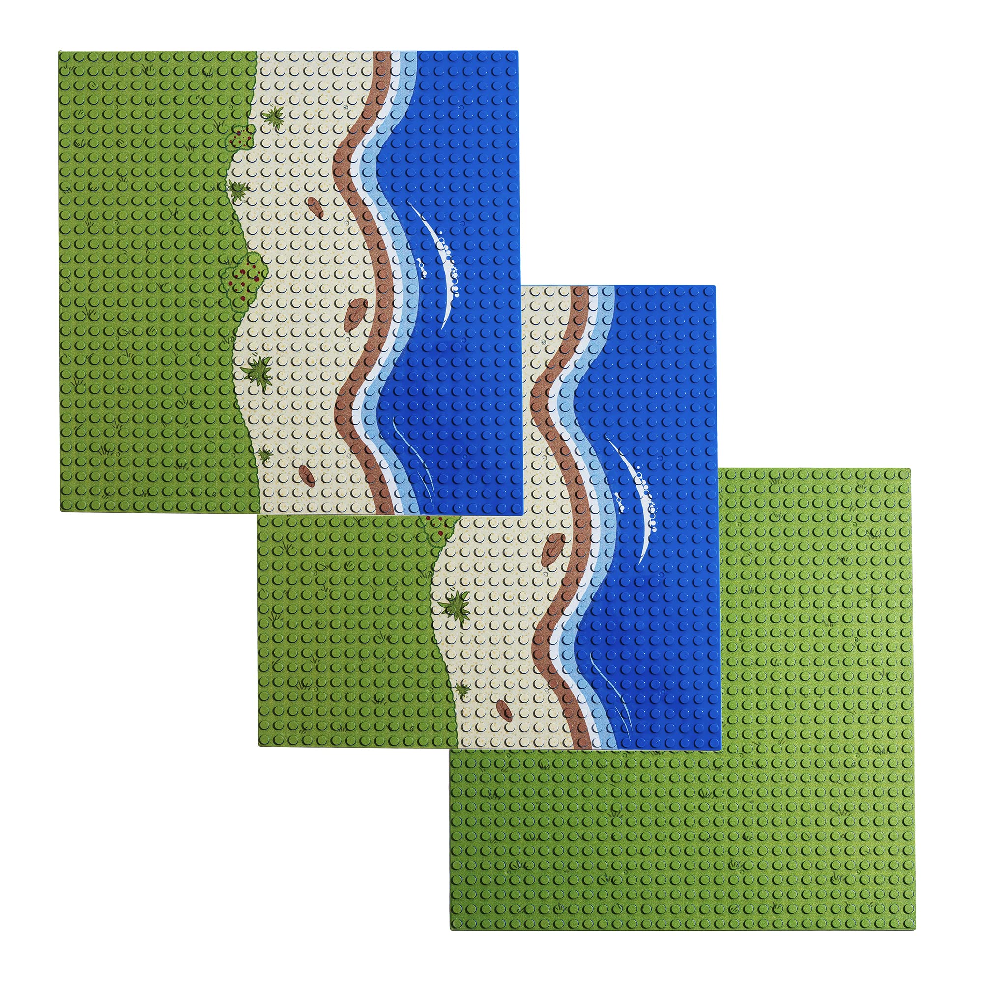 APOSTROPHE Games Island Building Block Base Plates Compatible with All Major Brands - 3 Pack Beach - 2 Straight & 1 Center Grass add-on to Expand Your Island - 25.6 cm x 25.6 cm
