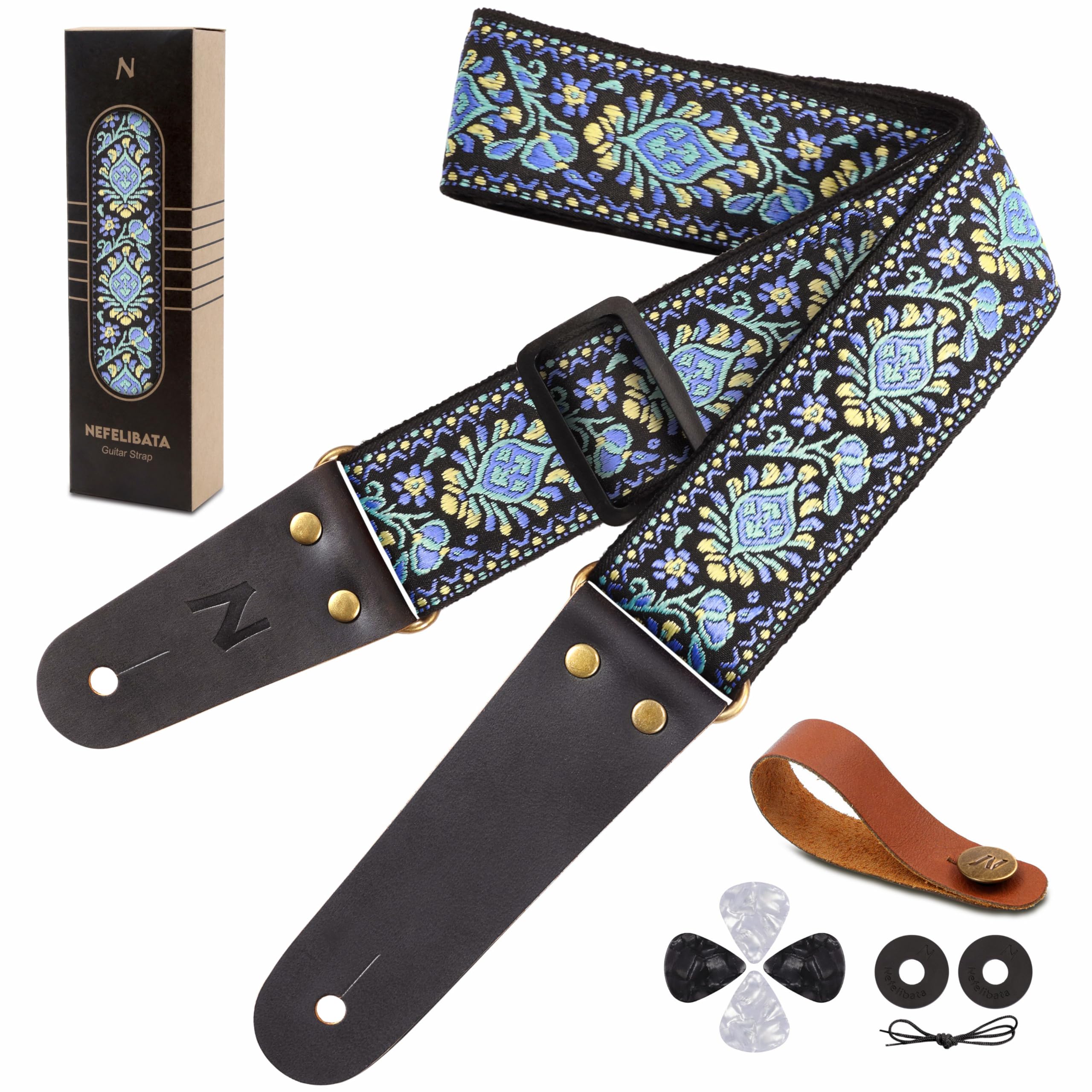 Nefelibata Vintage Guitar Strap (Light Blue Flower) - Cotton Guitar Straps with Lengthened Genuine Leather Ends for Bass, Electric and Acoustic Guitar | Best Gifts for Kids Men and Women Guitarists — image 1