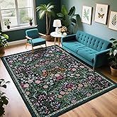 Area Rug Living Room Rugs: Floral 5x7 Washable Rug Vintage Soft Boho Non-Slip Carpet Indoor Floor Stain Resistant Large Carpets for Bedroom Dining Room Farmhouse Nursery Hallway Home Office Dark Green
