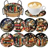 Book Floral Diamond Art Coasters, Diamond Painting Coaster Kit for Adults | 8 Pcs 4 Inch Book Floral Diamond Painting Coasters with Holder and Cork Pads for DIY Home Decor and Crafts