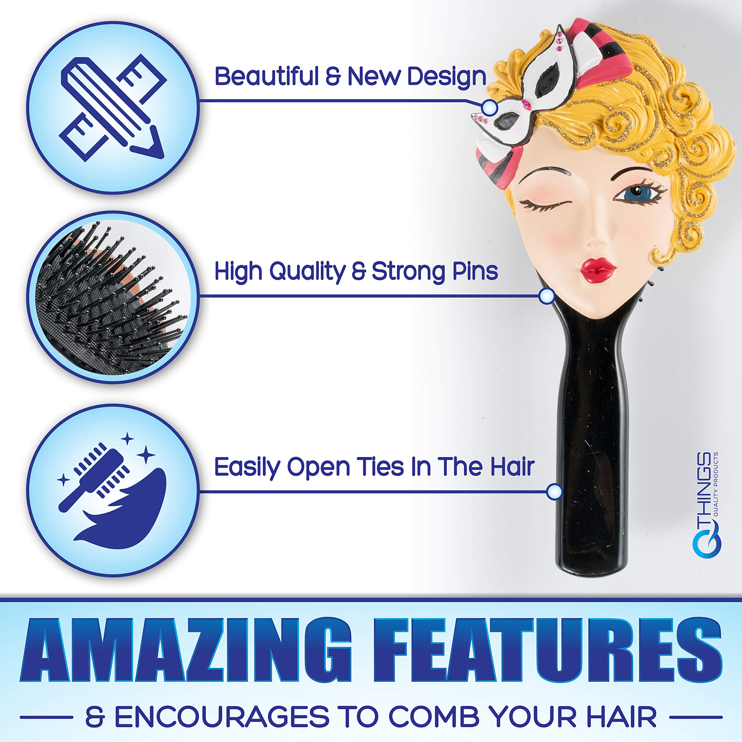 QThings Girl\'s Figurine Round Hair Brush: Fancy Round Women\'s Hard Bristled Hairbrush, Female in a Dress, Floppy Hat, Scarf and Purse