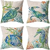 DSKGSJH Coastal Throw Pillow Covers Ocean Outdoor Beach Pillows Cover 18x18 Inch Set of 4, Summer Theme Sea Turtle Seahorse Sea Fish Sea Crab Decor Square Pillowcase for Patio Couch Sofa