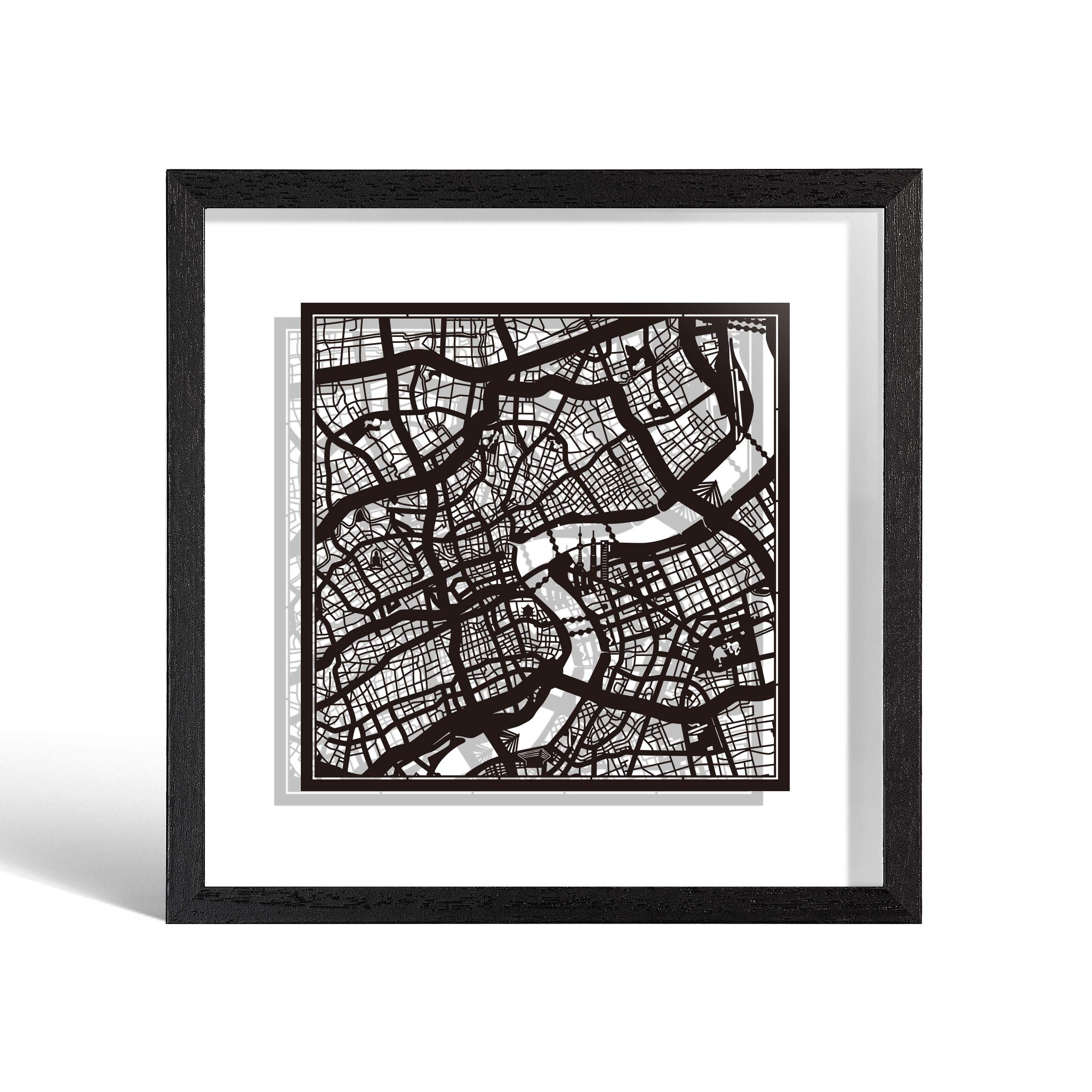 O3 DESIGN STUDIO Shanghai Paper Cut Map framed, Black map, Black frame, 9x9 inches, Gift Boxed, 2 background color, self-changing, Paper Art
