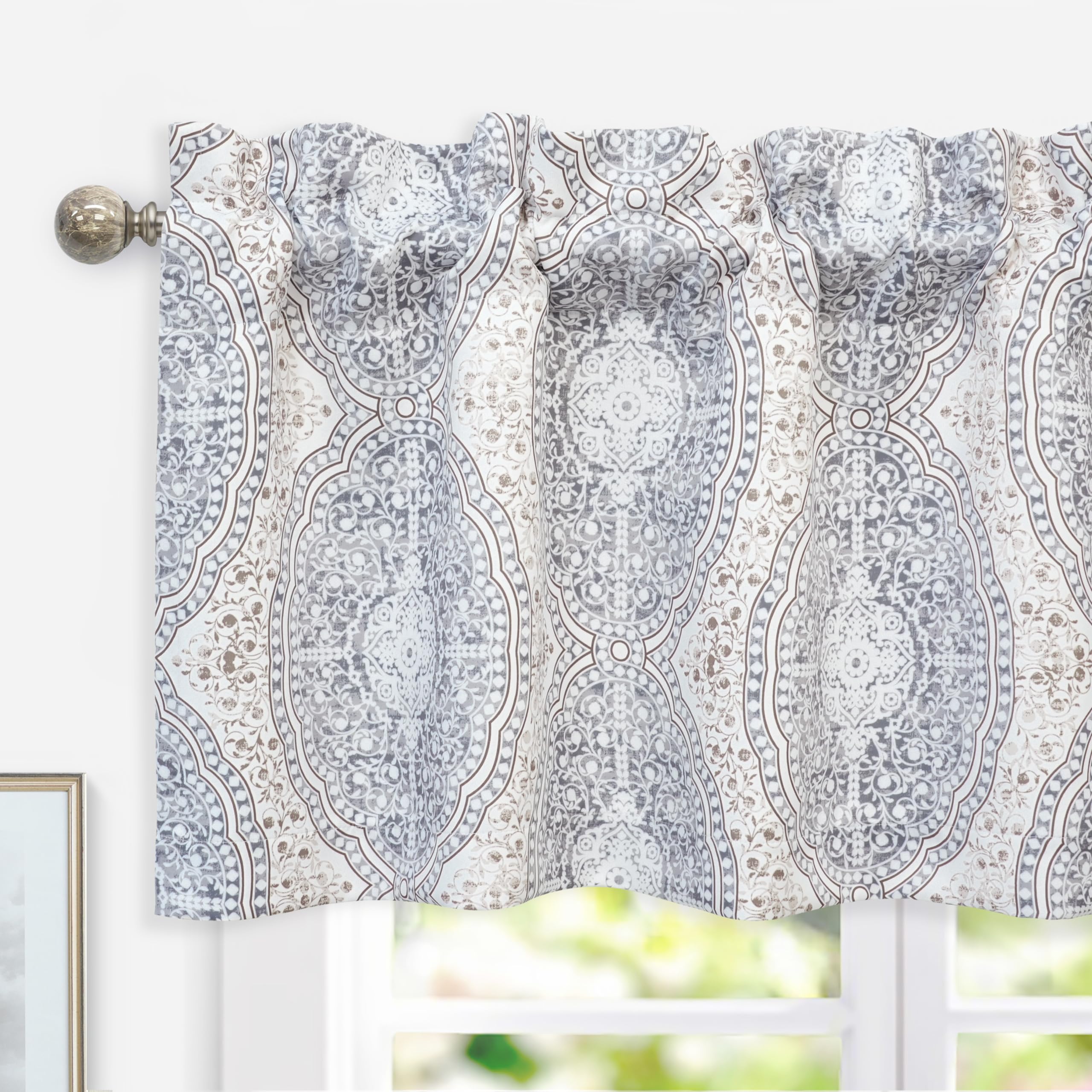(52"x18, Beige/Gray) - DriftAway Adrianne Damask/Floral Pattern Window Curtain valance (52"x18, Beige/Grey)