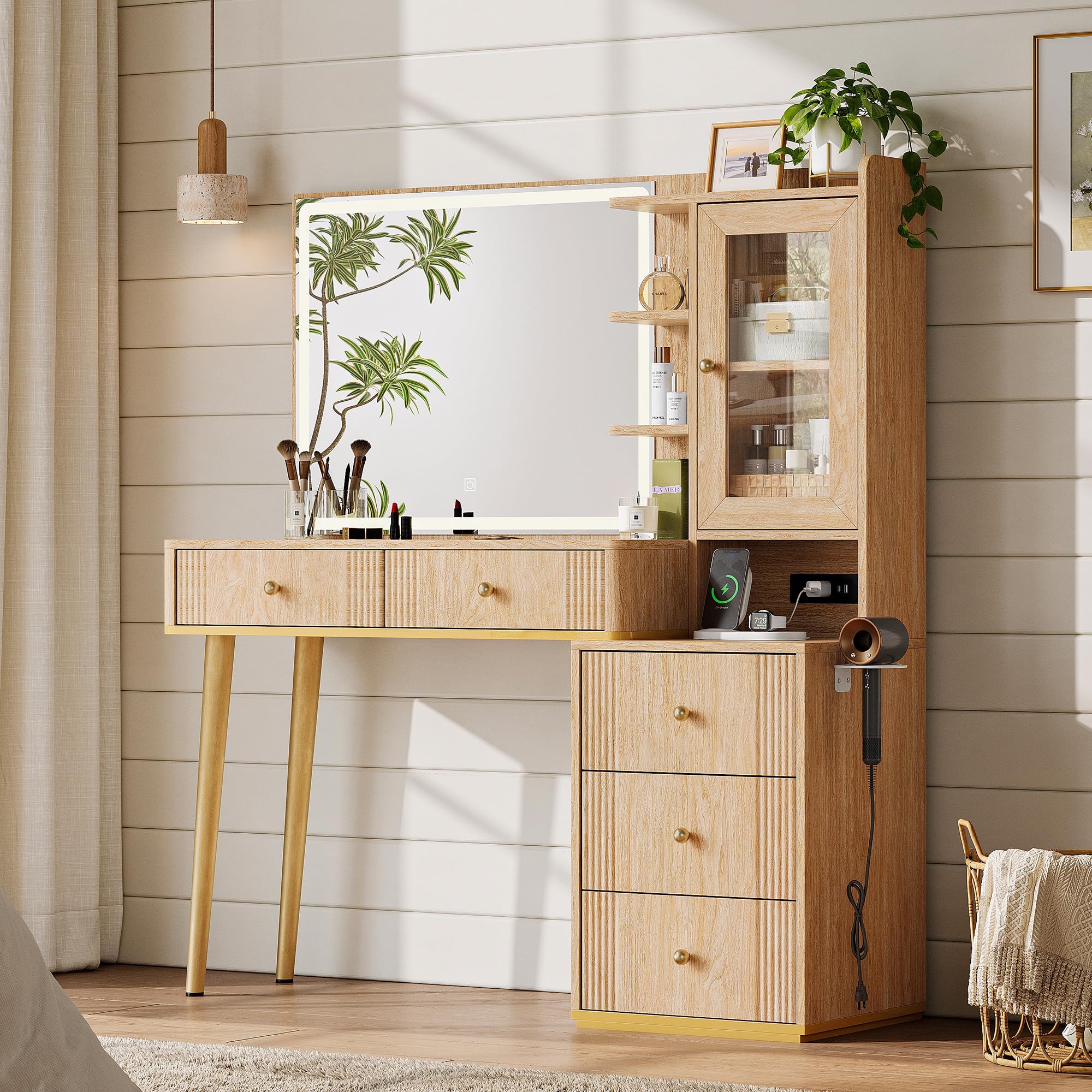 Photo 1 of **MIRROR BROKEN** PARTS ONLY** LINSY Wood Vanity with Glass Top, Make Up Vanity Desk with Mirror and Lights, Boho Fluted Vanity with Storage, Drawers, Cabinet and Outlet, 48" Large Vanity Table for Bedroom, Women, Girls, Oak