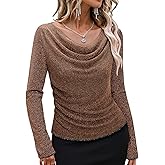 Bebonnie Women's Cowl Neck Long Sleeve Stretchy Sequin Tops Glitter Evening Cocktail Party Slimming Shirts