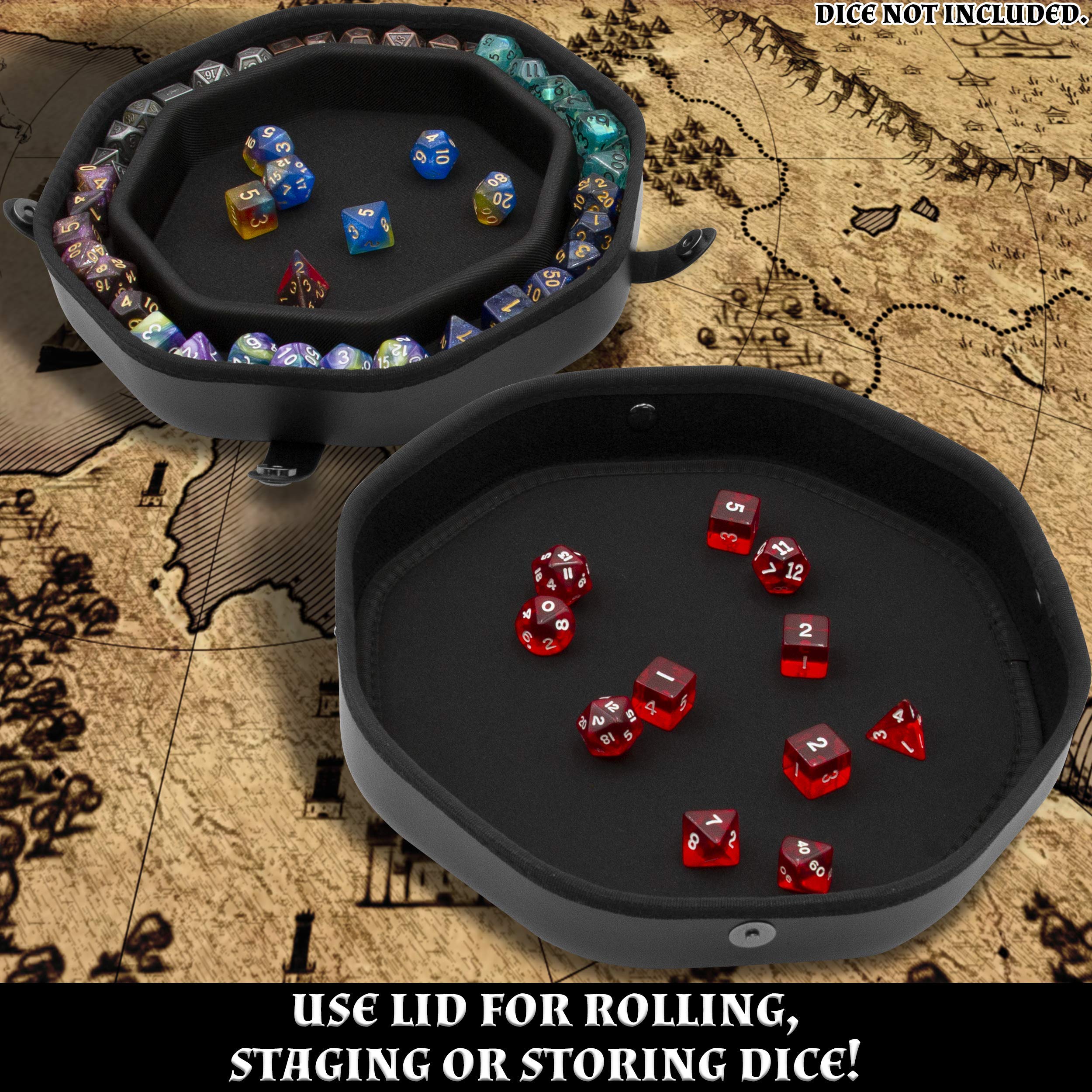 CASEMATIX Dice Tray and Dice Storage Case for Up to 115 RPG Dice - Dice Tray for Rolling with Magnetic Snaps, Embossed Dragon Design and Non-Scratch Interior for Random Rolls Dice Protection