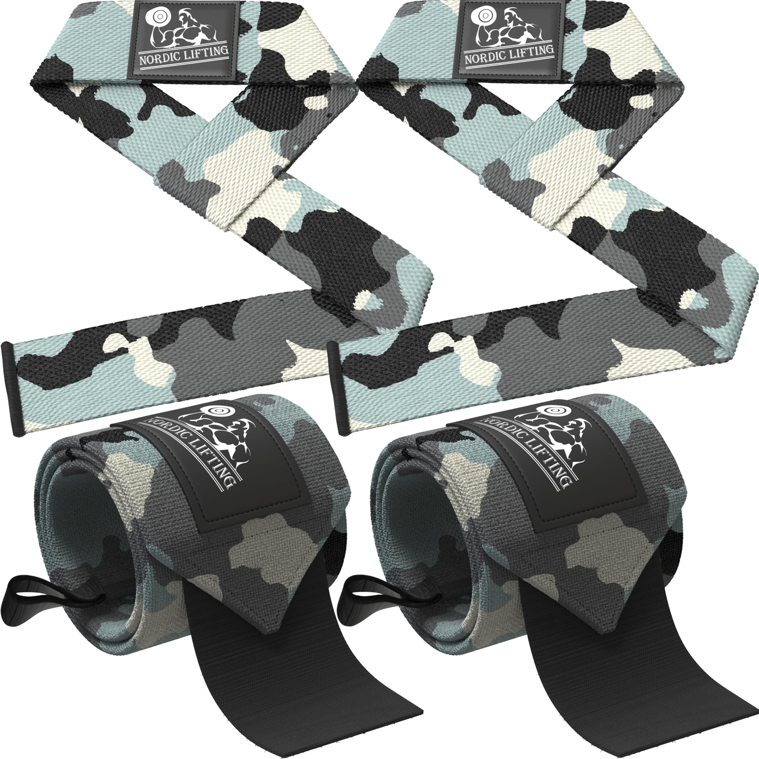 Wrist Wraps + Lifting Straps Bundle (2 Pairs) for Weightlifting & Crossfit, Camo Grey