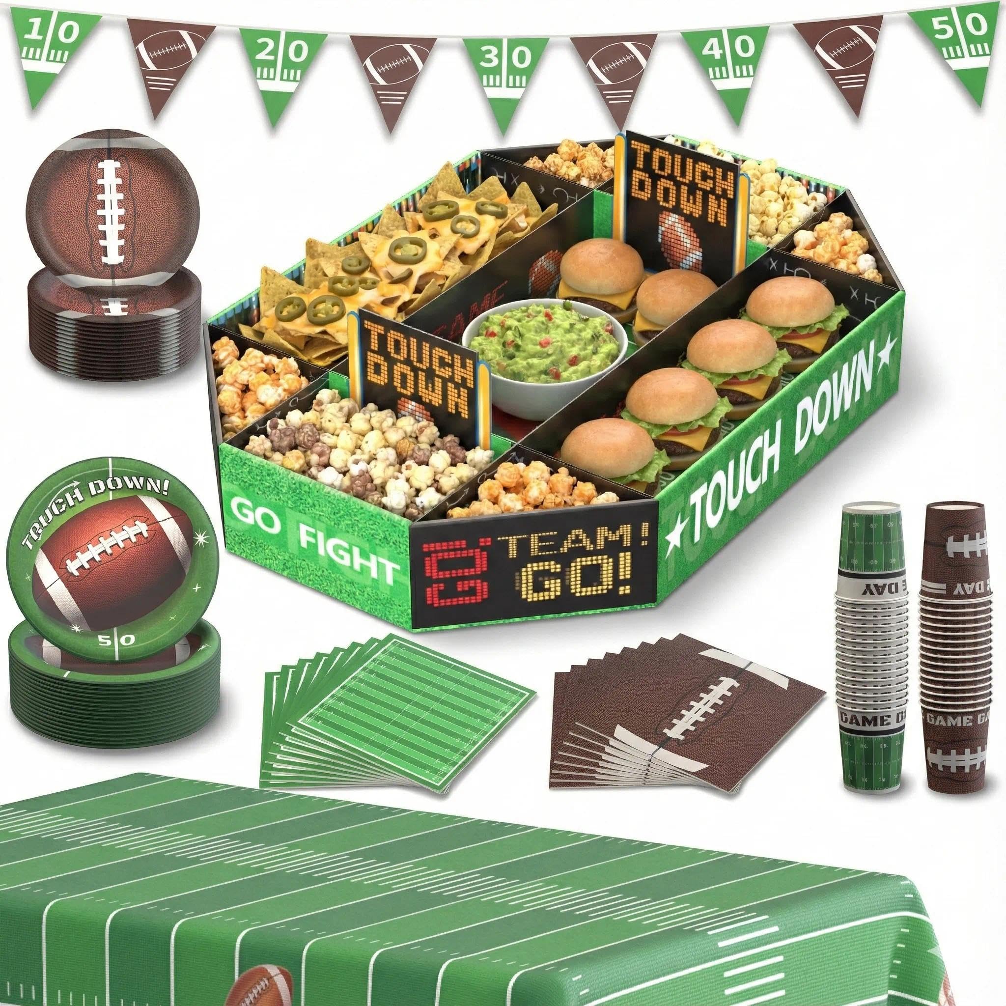 Photo 1 of *MISSING PARTS*
Football Party Decorations Serves 24 - Game Day Supplies Kit with Large Snack Tray, Disposable Plates, Banner, Tablecloth, Cups, Napkins for Birthday & Tailgate
